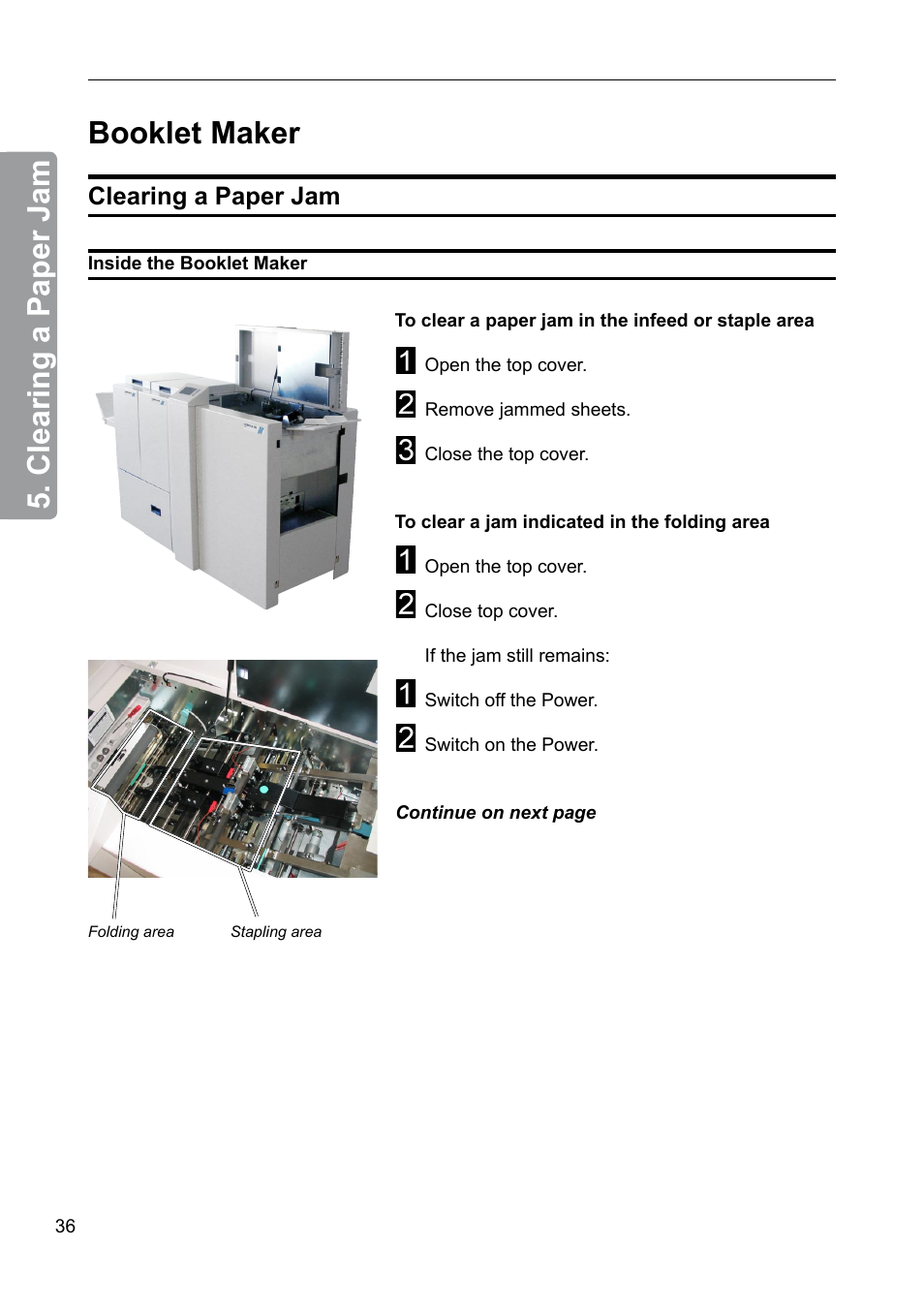 Clearing a paper jam, Booklet maker | GBC 2000 Plockmatic Bookmaker User Manual | Page 36 / 56