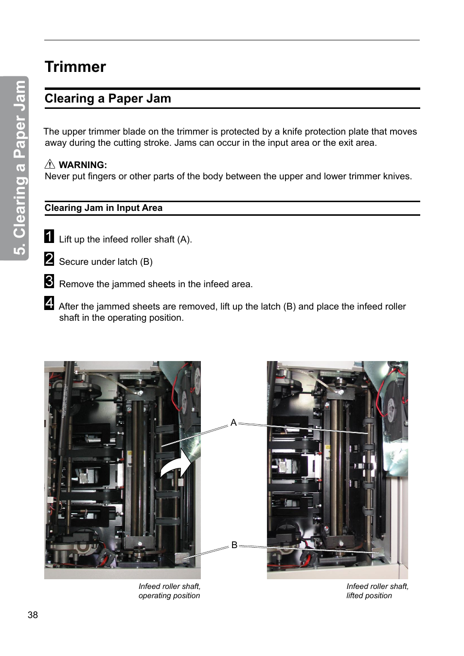 Trimmer, Clearing a paper jam | GBC 2000 Plockmatic Bookmaker User Manual | Page 38 / 56