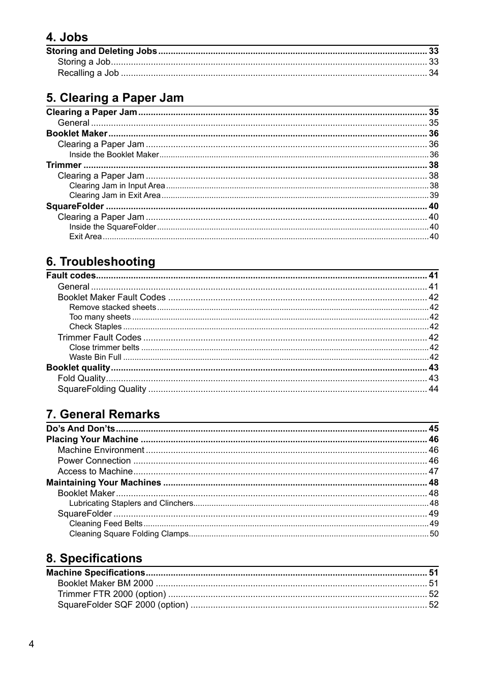 Jobs, Clearing a paper jam, Troubleshooting | General remarks, Specifications | GBC 2000 Plockmatic Bookmaker User Manual | Page 4 / 56