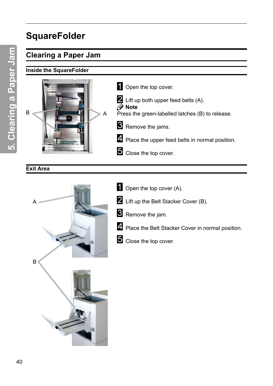 Squarefolder, Clearing a paper jam | GBC 2000 Plockmatic Bookmaker User Manual | Page 40 / 56