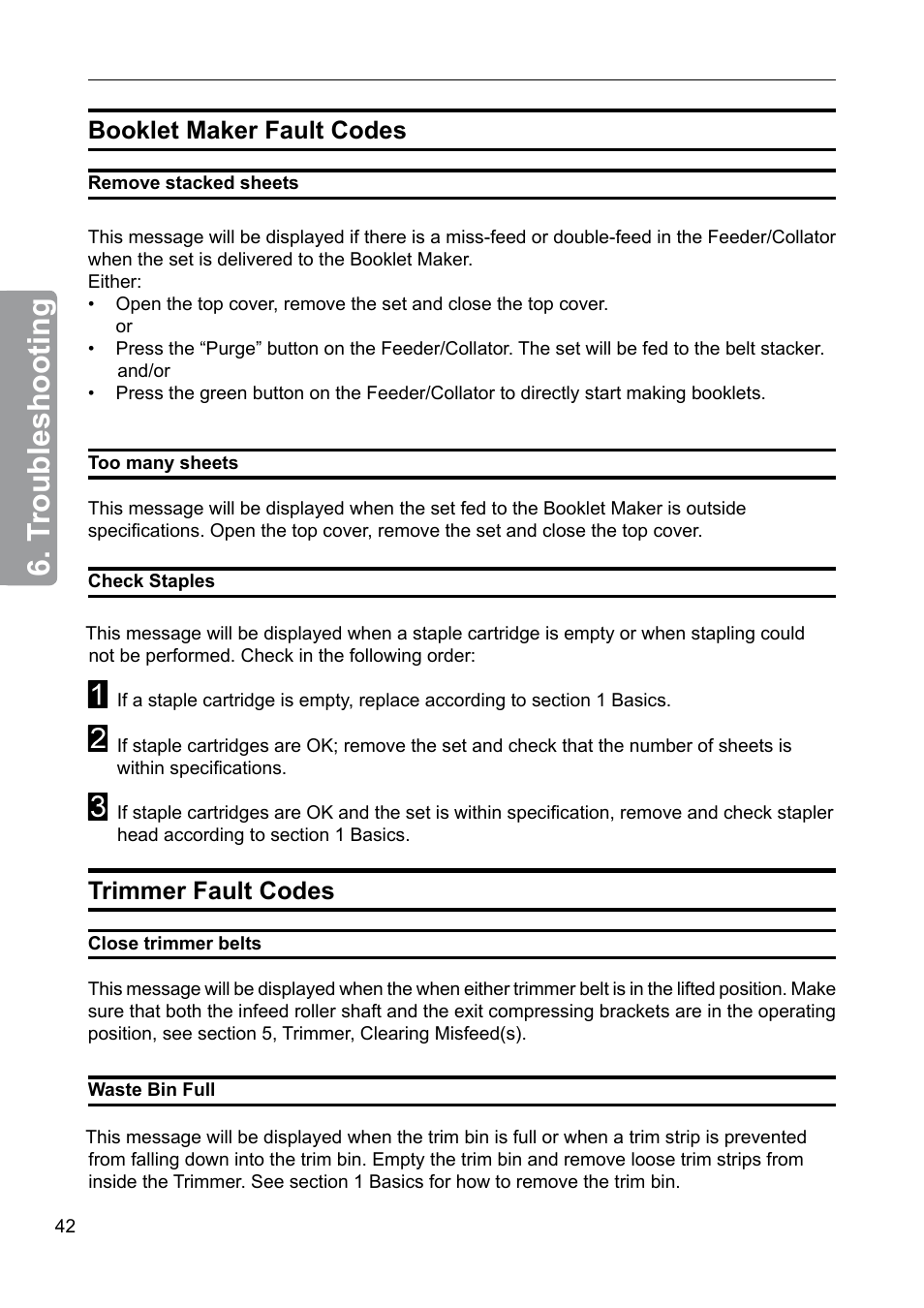 Booklet maker fault codes, Trimmer fault codes, T roubleshooting | Booklet maker fault codes trimmer fault codes | GBC 2000 Plockmatic Bookmaker User Manual | Page 42 / 56