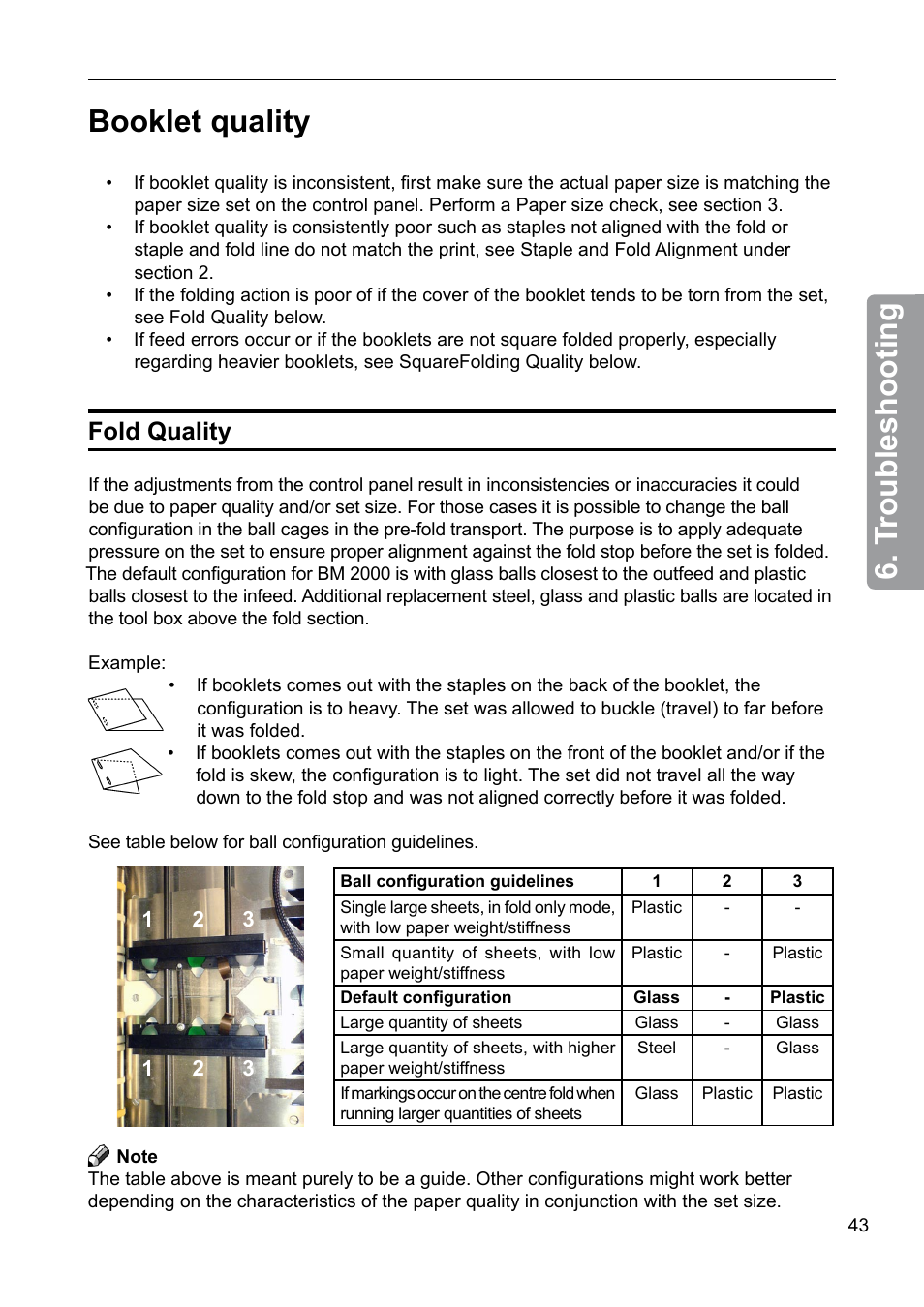 Booklet quality, Fold quality, T roubleshooting | GBC 2000 Plockmatic Bookmaker User Manual | Page 43 / 56