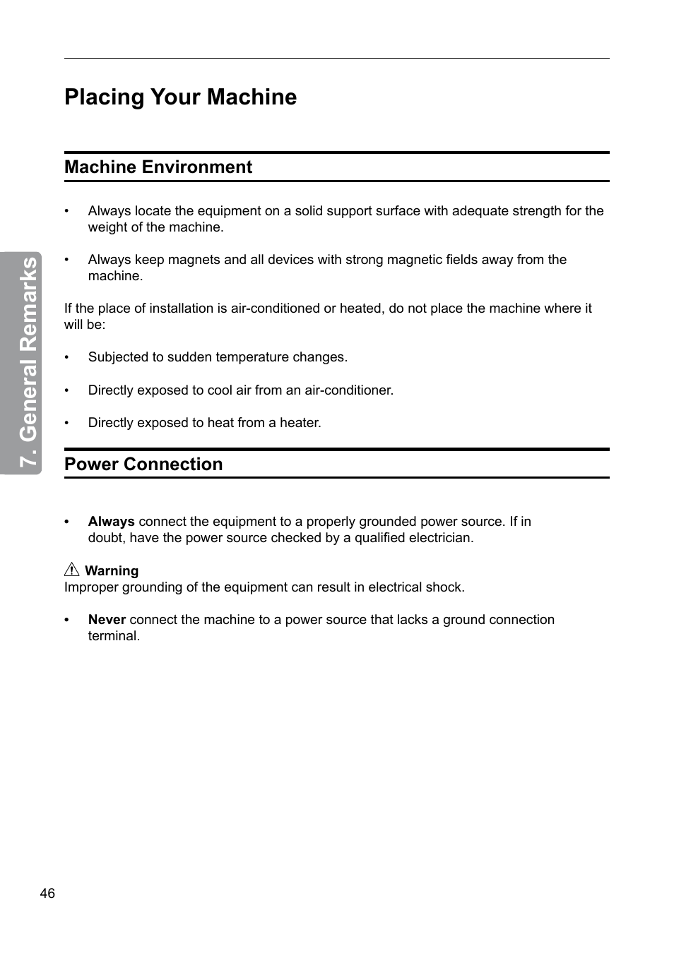 Placing your machine, Machine environment, Power connection | General remarks, Machine environment power connection | GBC 2000 Plockmatic Bookmaker User Manual | Page 46 / 56