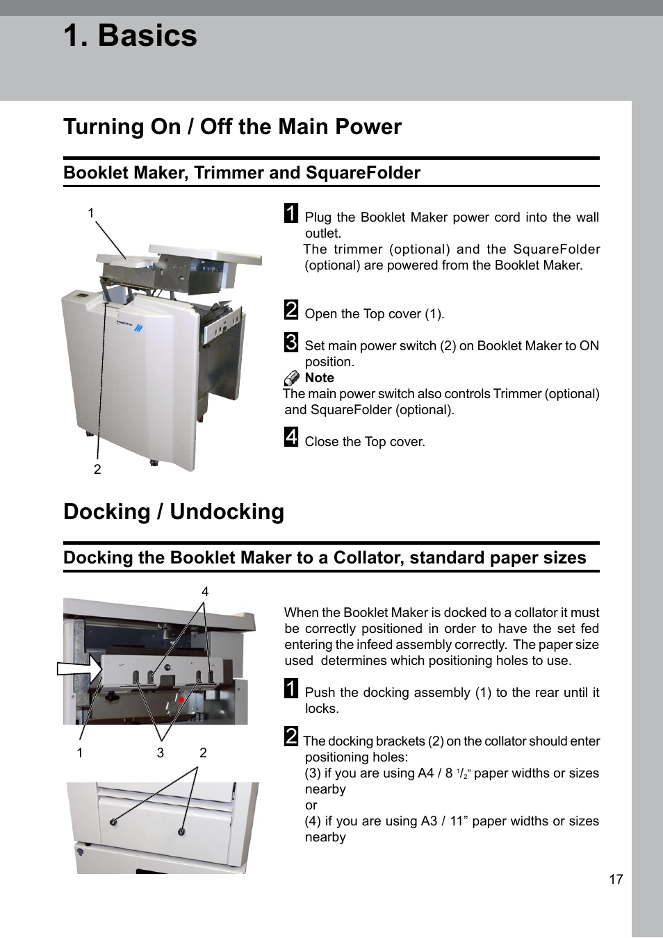 Basics, Turning on/off main power, Docking undocking | Turning on / off the main power, Docking / undocking, Booklet maker, trimmer and squarefolder | GBC BM 200 Bookmaker User Manual | Page 17 / 52