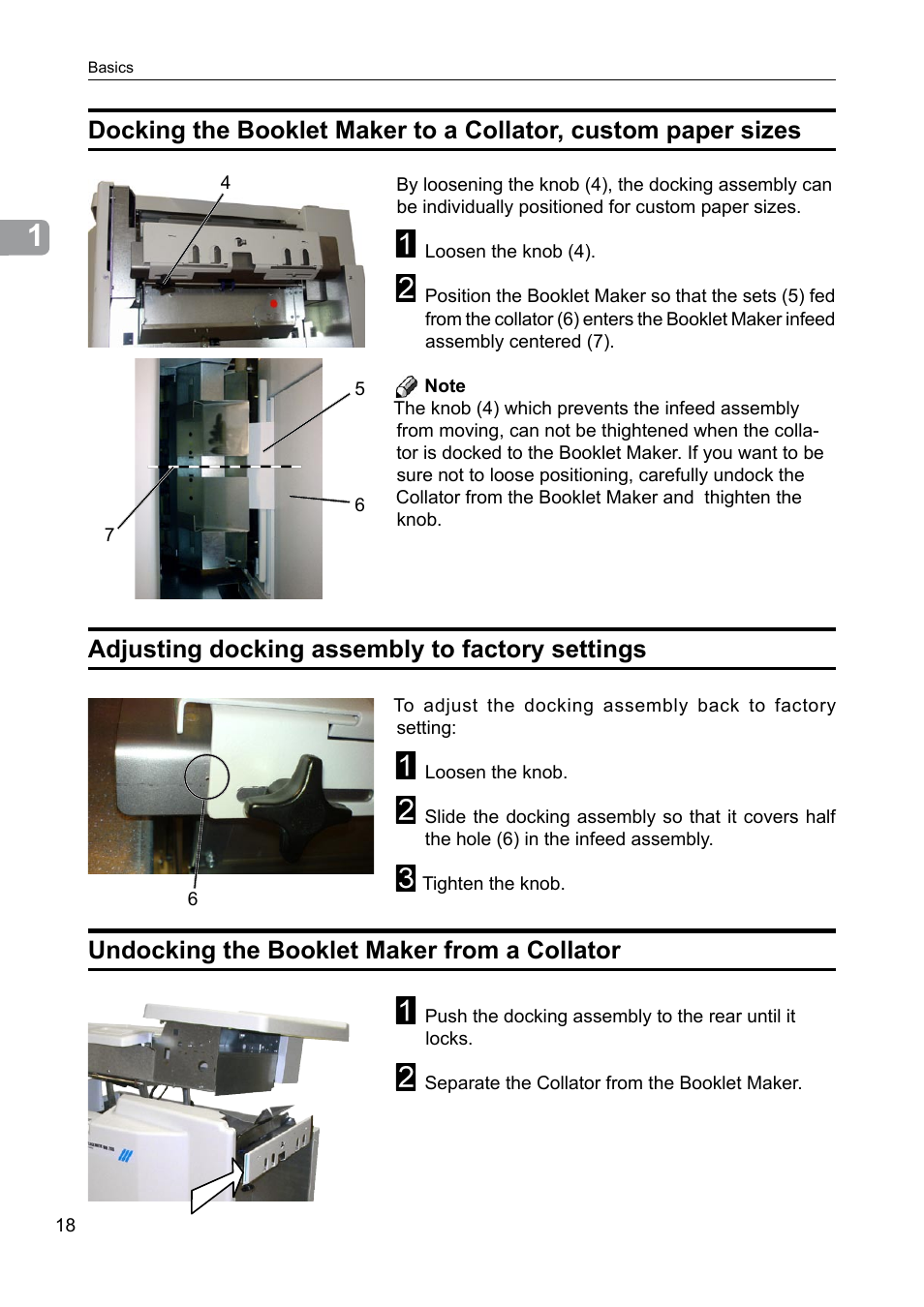 Adjusting docking assembly to factory settings, Undocking the booklet maker from a collator | GBC BM 200 Bookmaker User Manual | Page 18 / 52
