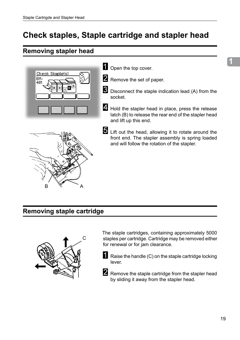 Check staples,staple cartridge and stapler head, Check staples, staple cartridge and stapler head, Removing stapler head | Removing staple cartridge | GBC BM 200 Bookmaker User Manual | Page 19 / 52