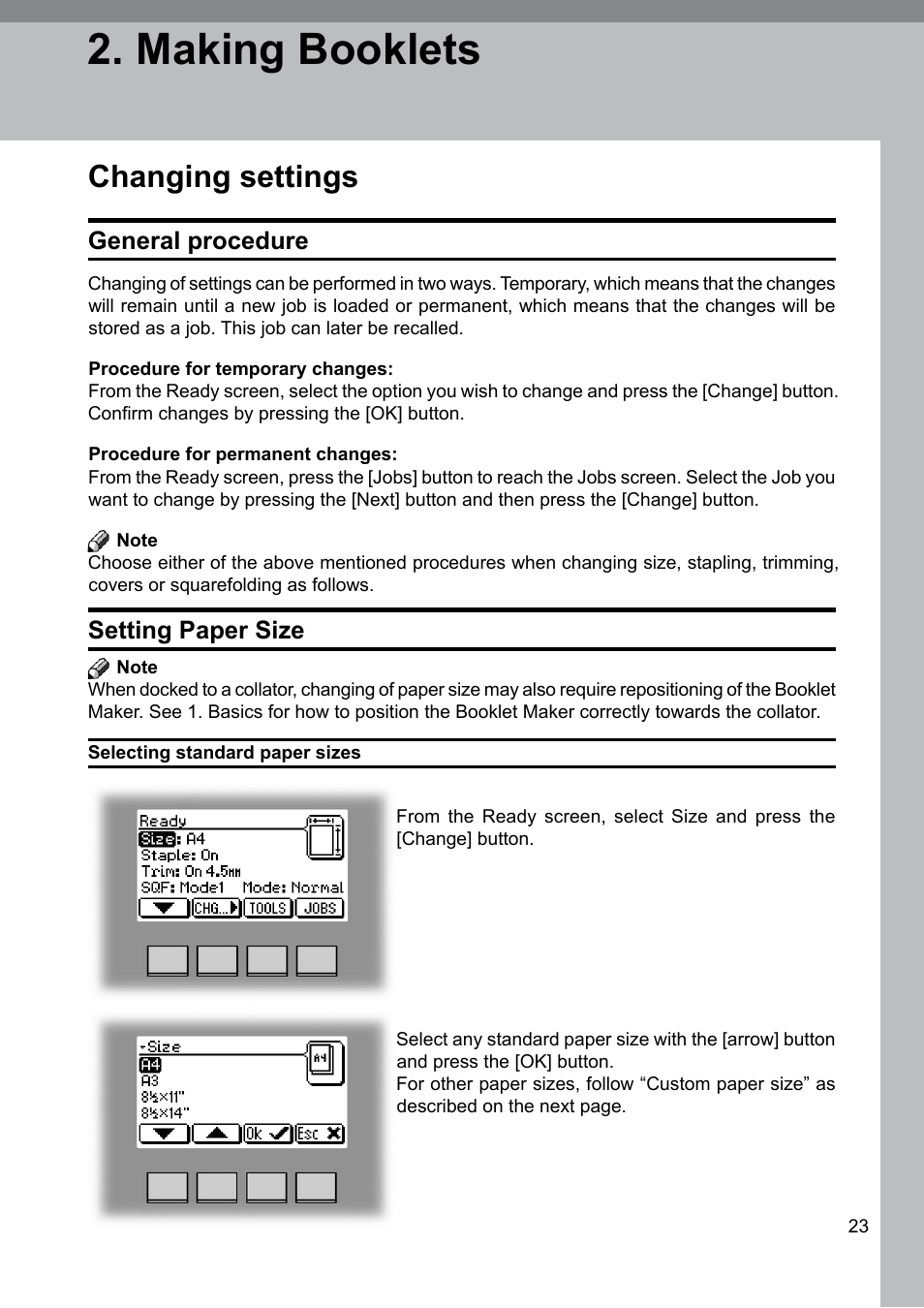 Making booklets, Changing settings, Setting paper size | General procedure | GBC BM 200 Bookmaker User Manual | Page 23 / 52