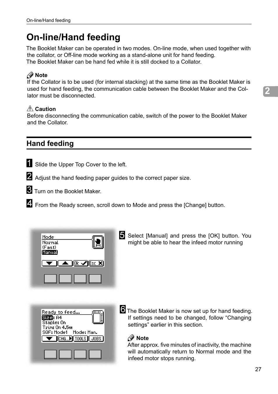 On-line hand feeding, On-line/hand feeding, Hand feeding | GBC BM 200 Bookmaker User Manual | Page 27 / 52