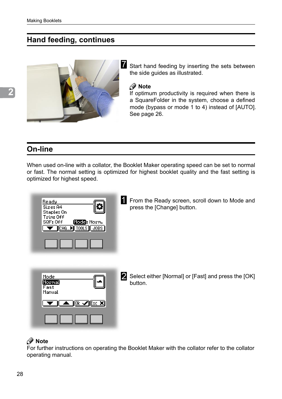On-line, Hand feeding, continues | GBC BM 200 Bookmaker User Manual | Page 28 / 52