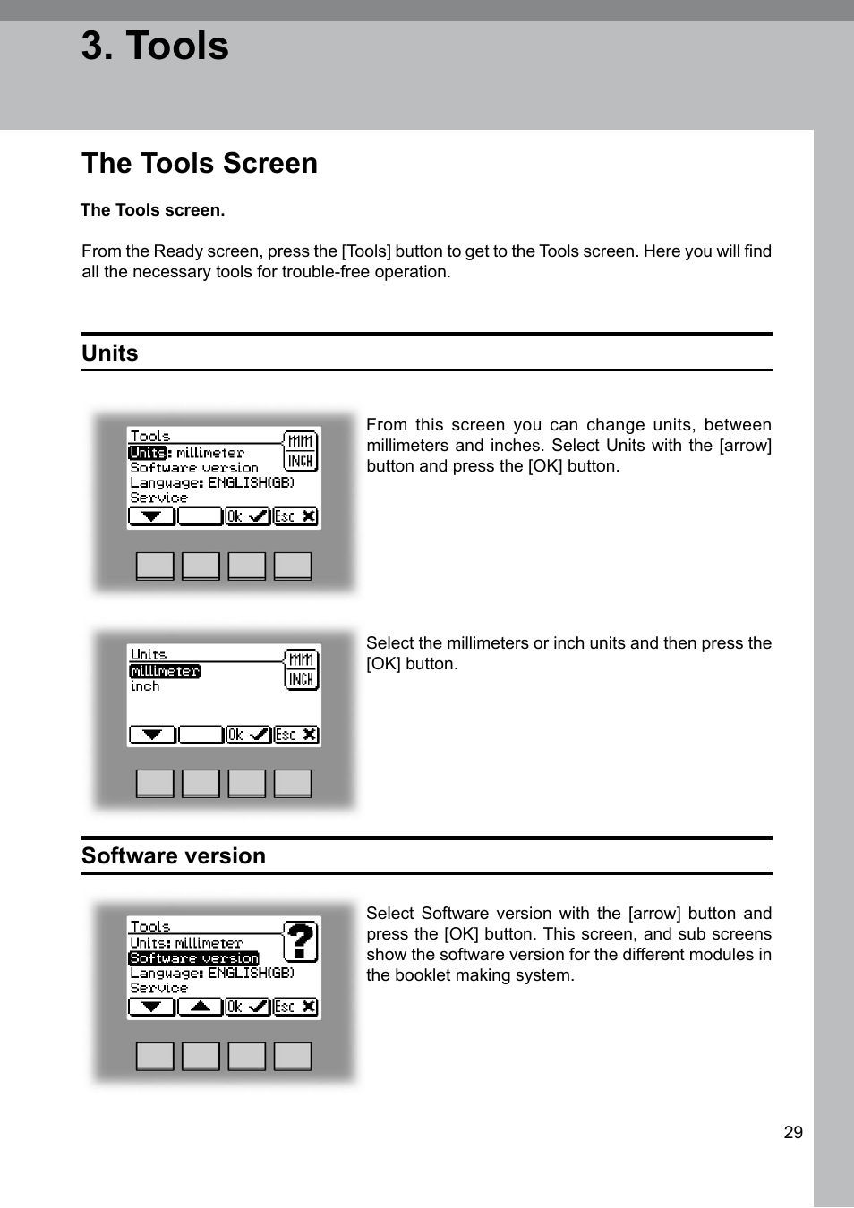 Tools, The tools screen | GBC BM 200 Bookmaker User Manual | Page 29 / 52