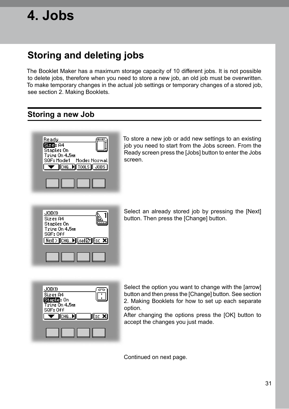 Jobs, Storing and deleting jobs, Storing a new job | GBC BM 200 Bookmaker User Manual | Page 31 / 52