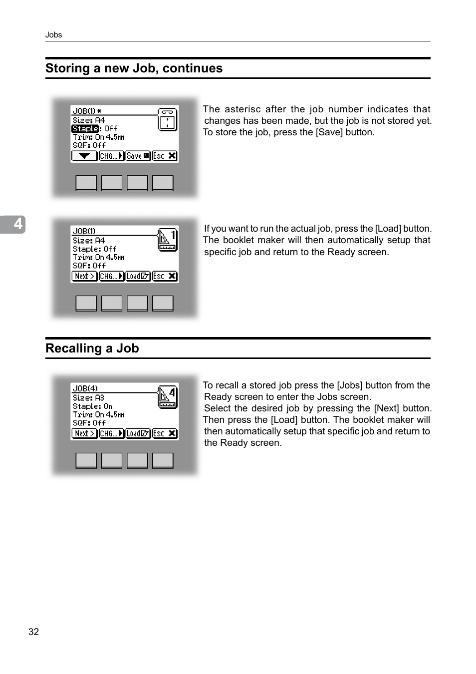 Recalling a job, Storing a new job, continues | GBC BM 200 Bookmaker User Manual | Page 32 / 52