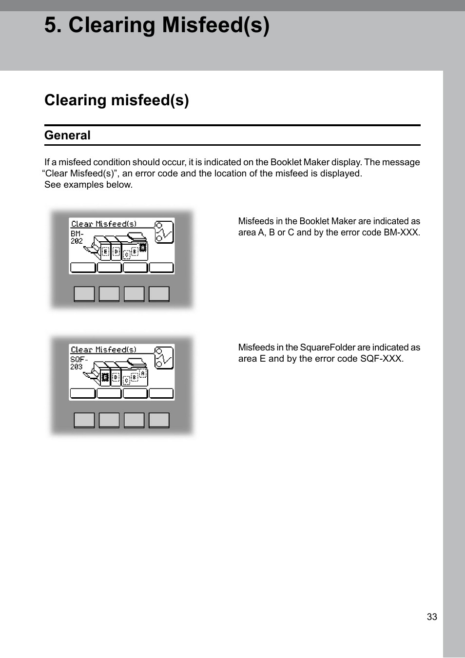 Clearing misfeeds, General, Clearing misfeed(s) | GBC BM 200 Bookmaker User Manual | Page 33 / 52