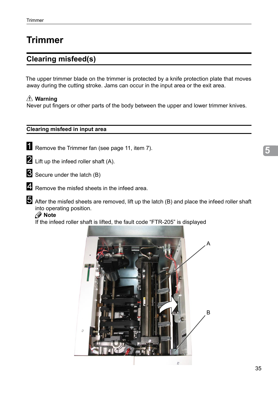 Trimmer, Clearing misfeed(s) | GBC BM 200 Bookmaker User Manual | Page 35 / 52