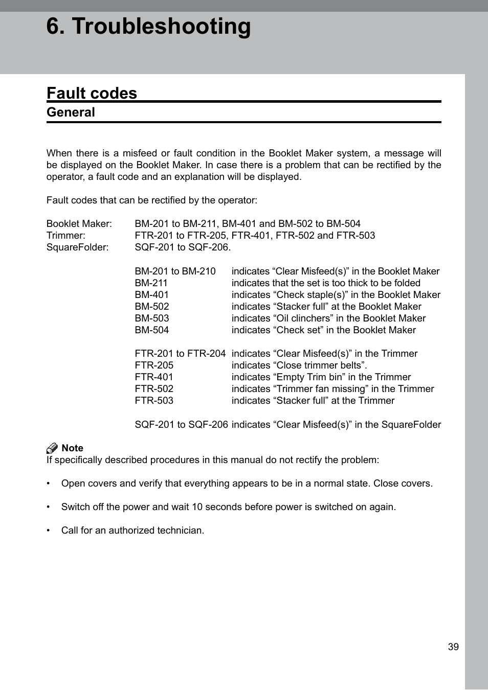 Troubleshooting, Fault codes, General | GBC BM 200 Bookmaker User Manual | Page 39 / 52