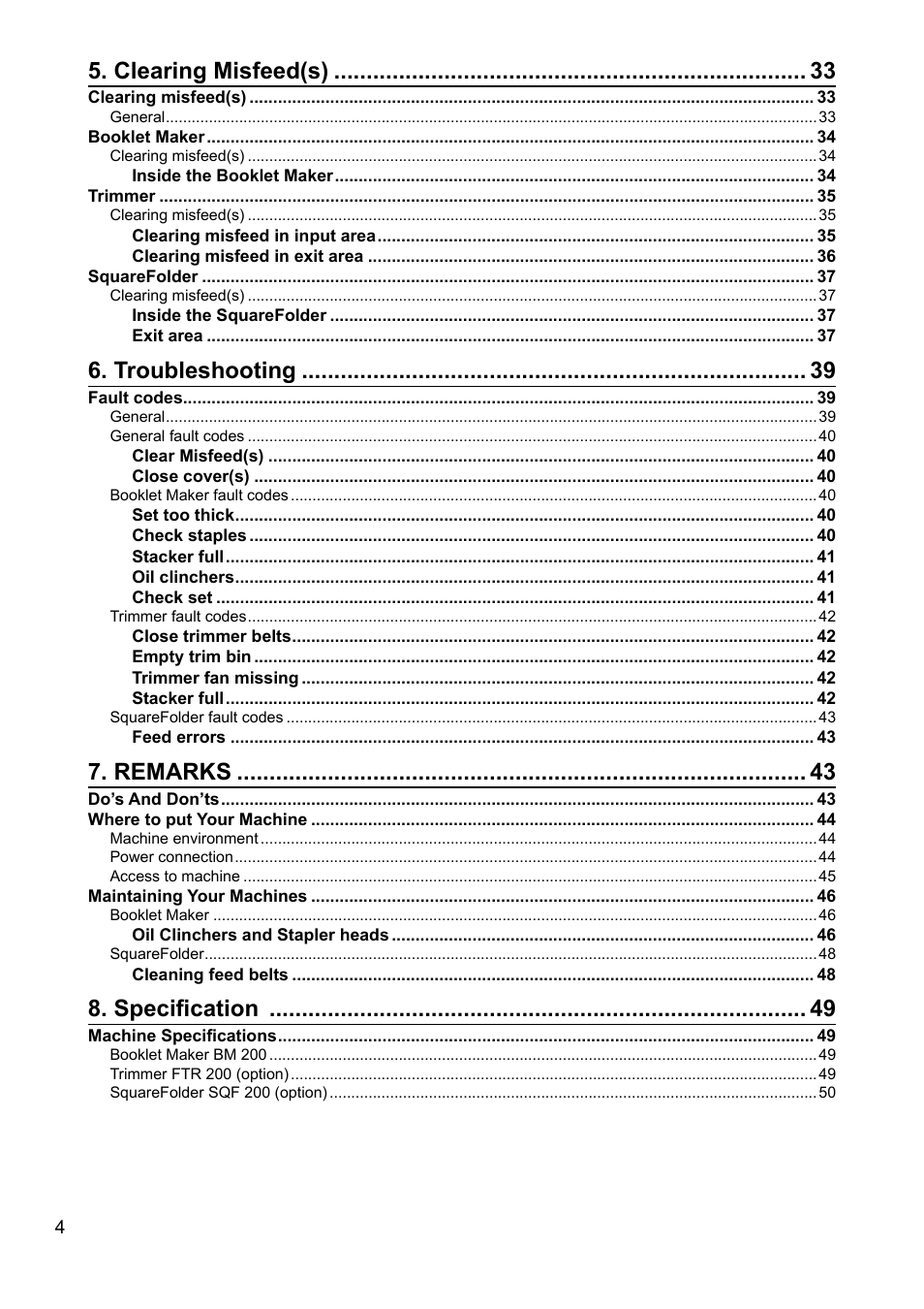Clearing misfeed(s), Troubleshooting, Remarks | Specification | GBC BM 200 Bookmaker User Manual | Page 4 / 52