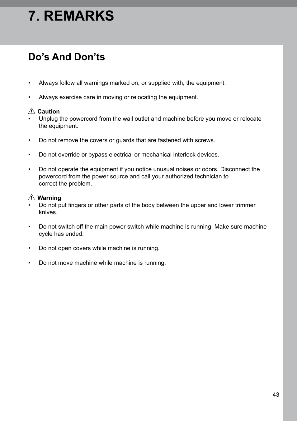 Remarks, Do's and don'ts, Do’s and don’ts | GBC BM 200 Bookmaker User Manual | Page 43 / 52