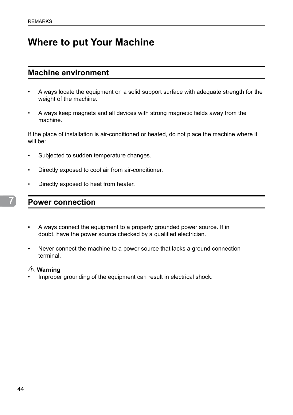 Where to put your machine, Machine environment power connection | GBC BM 200 Bookmaker User Manual | Page 44 / 52