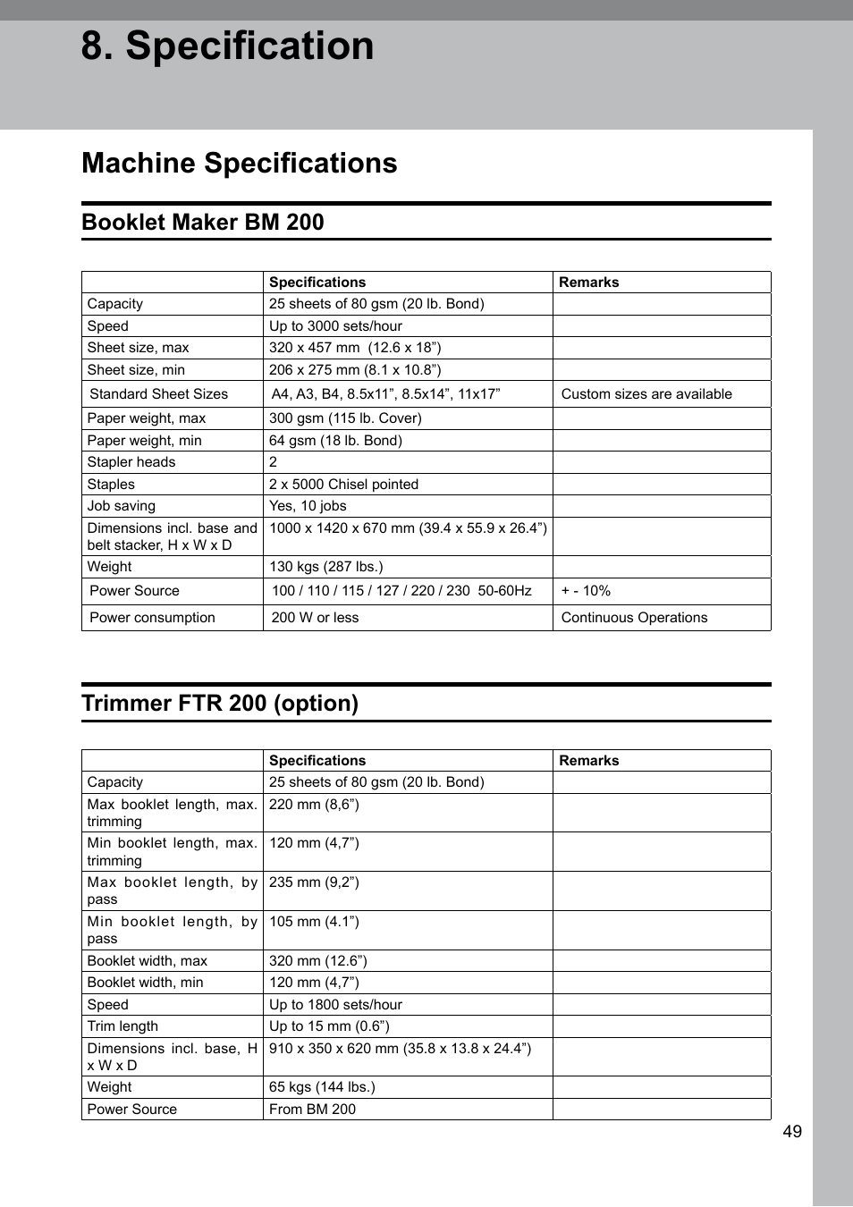 Specifications, Specification, Machine specifications | Booklet maker bm 200, Trimmer ftr 200 (option) | GBC BM 200 Bookmaker User Manual | Page 49 / 52