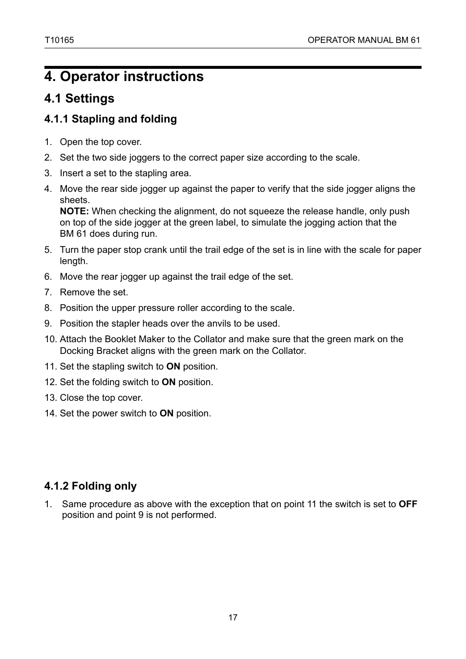 Operator instructions, Settings, 1 settings | GBC 61 Plackmatic Bookmaker User Manual | Page 17 / 28