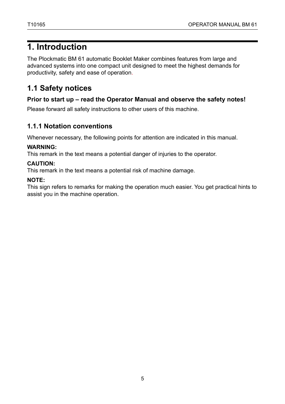 Introduction, Safety notices, 1 safety notices | GBC 61 Plackmatic Bookmaker User Manual | Page 5 / 28