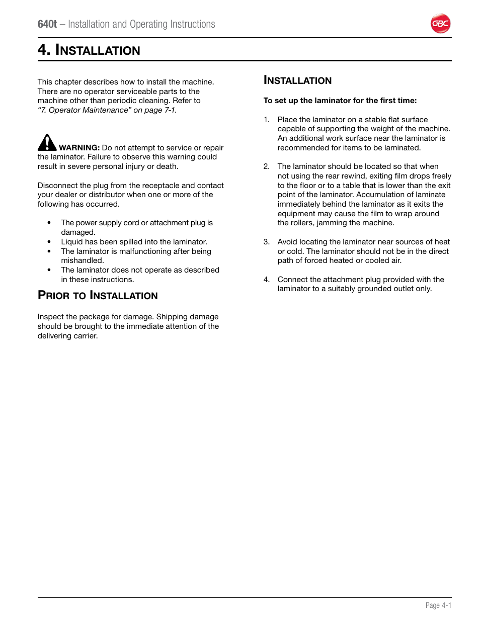 Nstallation, 640t – installation and operating instructions | GBC 640T Laminator User Manual | Page 11 / 36