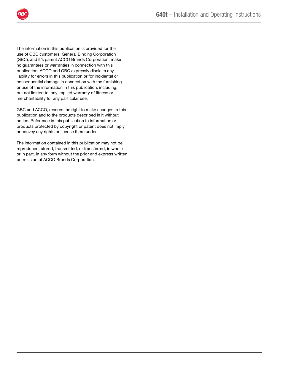 640t – installation and operating instructions | GBC 640T Laminator User Manual | Page 2 / 36