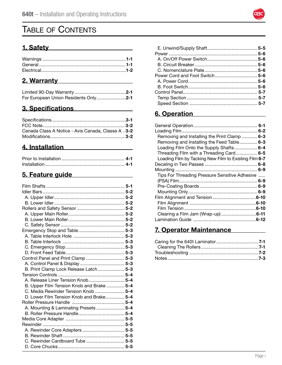 Able, Ontents, Warranty | Specifications, Installation, Feature guide, Operation, Operator maintenance | GBC 640T Laminator User Manual | Page 3 / 36