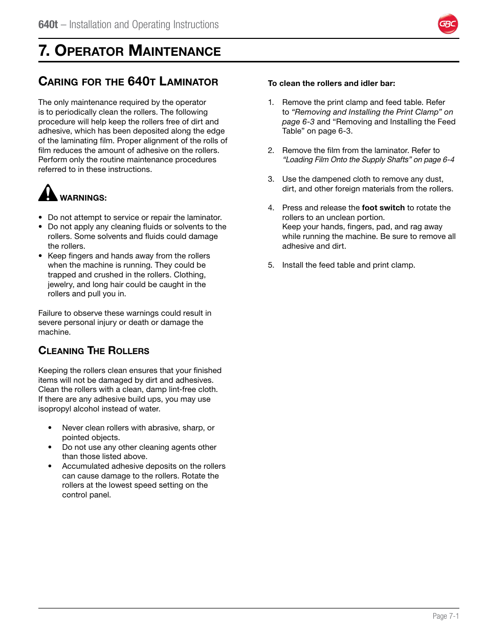 Perator, Aintenance, 640t – installation and operating instructions | GBC 640T Laminator User Manual | Page 33 / 36