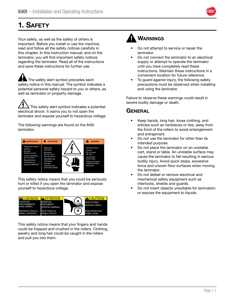 Afety, 640t – installation and operating instructions, Arnings | Eneral | GBC 640T Laminator User Manual | Page 5 / 36