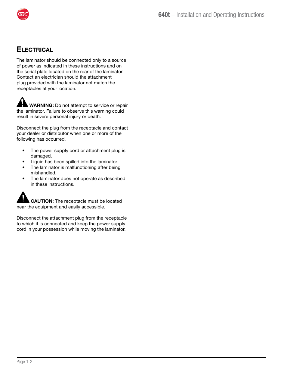 640t – installation and operating instructions | GBC 640T Laminator User Manual | Page 6 / 36