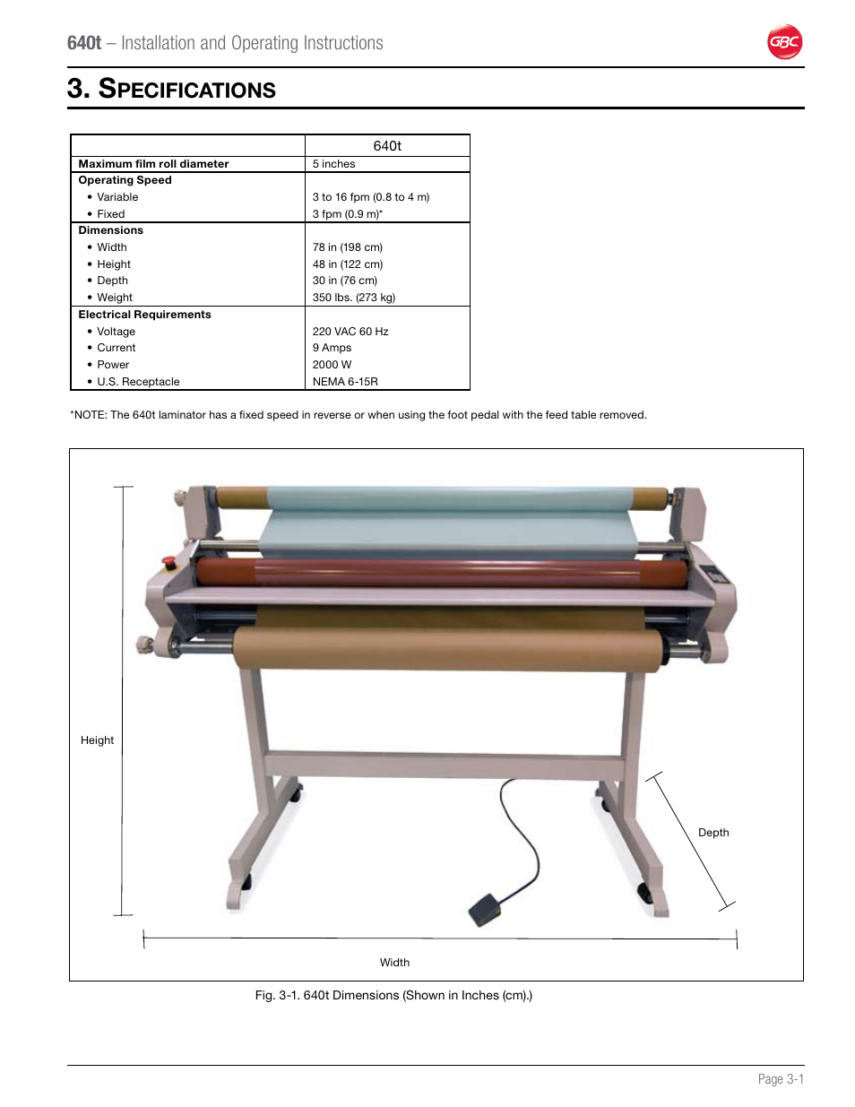 Pecifications, 640t – installation and operating instructions | GBC 640T Laminator User Manual | Page 9 / 36