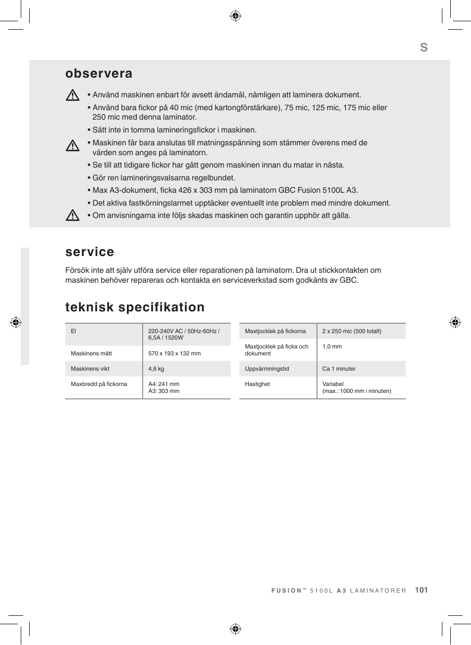 Teknisk specifikation, Service, Observera | GBC 5100 Fusion Laminator User Manual | Page 101 / 144