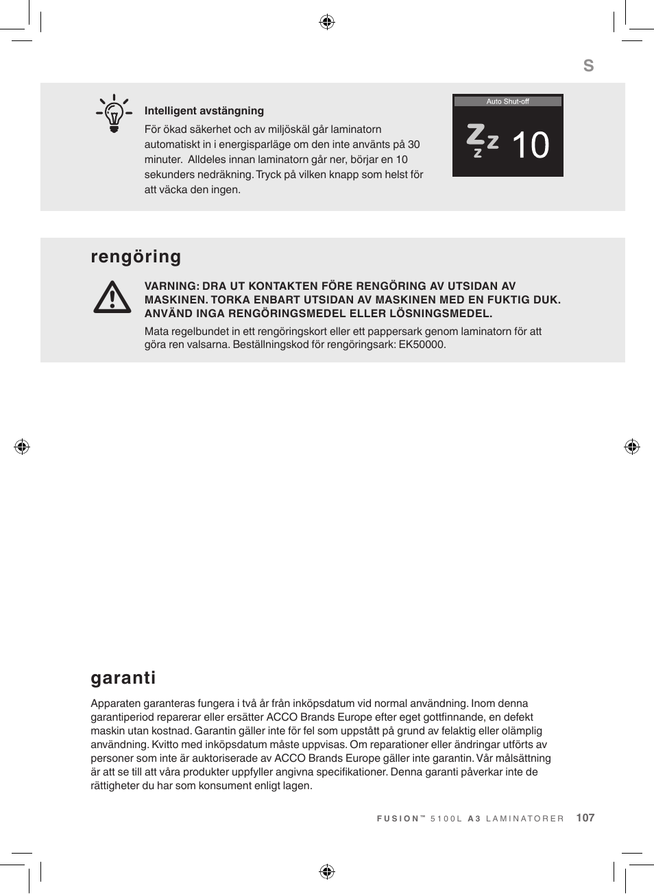 Rengöring, Garanti | GBC 5100 Fusion Laminator User Manual | Page 107 / 144