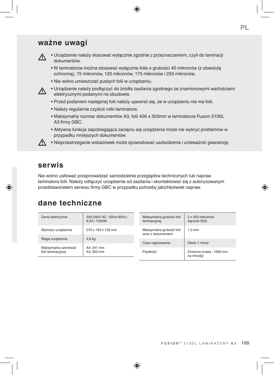 Dane techniczne, Serwis, Ważne uwagi | GBC 5100 Fusion Laminator User Manual | Page 109 / 144