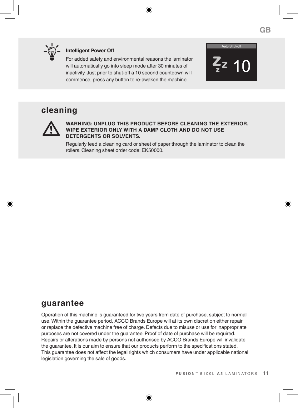 Cleaning, Guarantee | GBC 5100 Fusion Laminator User Manual | Page 11 / 144