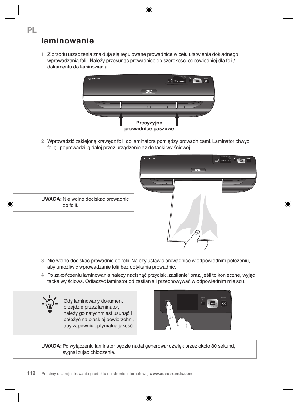 Laminowanie | GBC 5100 Fusion Laminator User Manual | Page 112 / 144