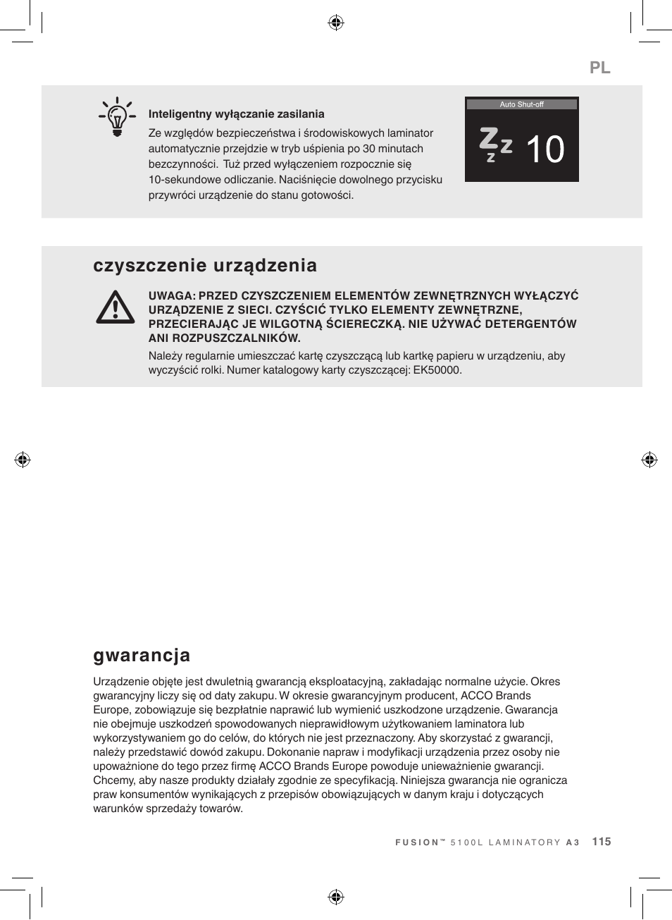 Czyszczenie urządzenia, Gwarancja | GBC 5100 Fusion Laminator User Manual | Page 115 / 144