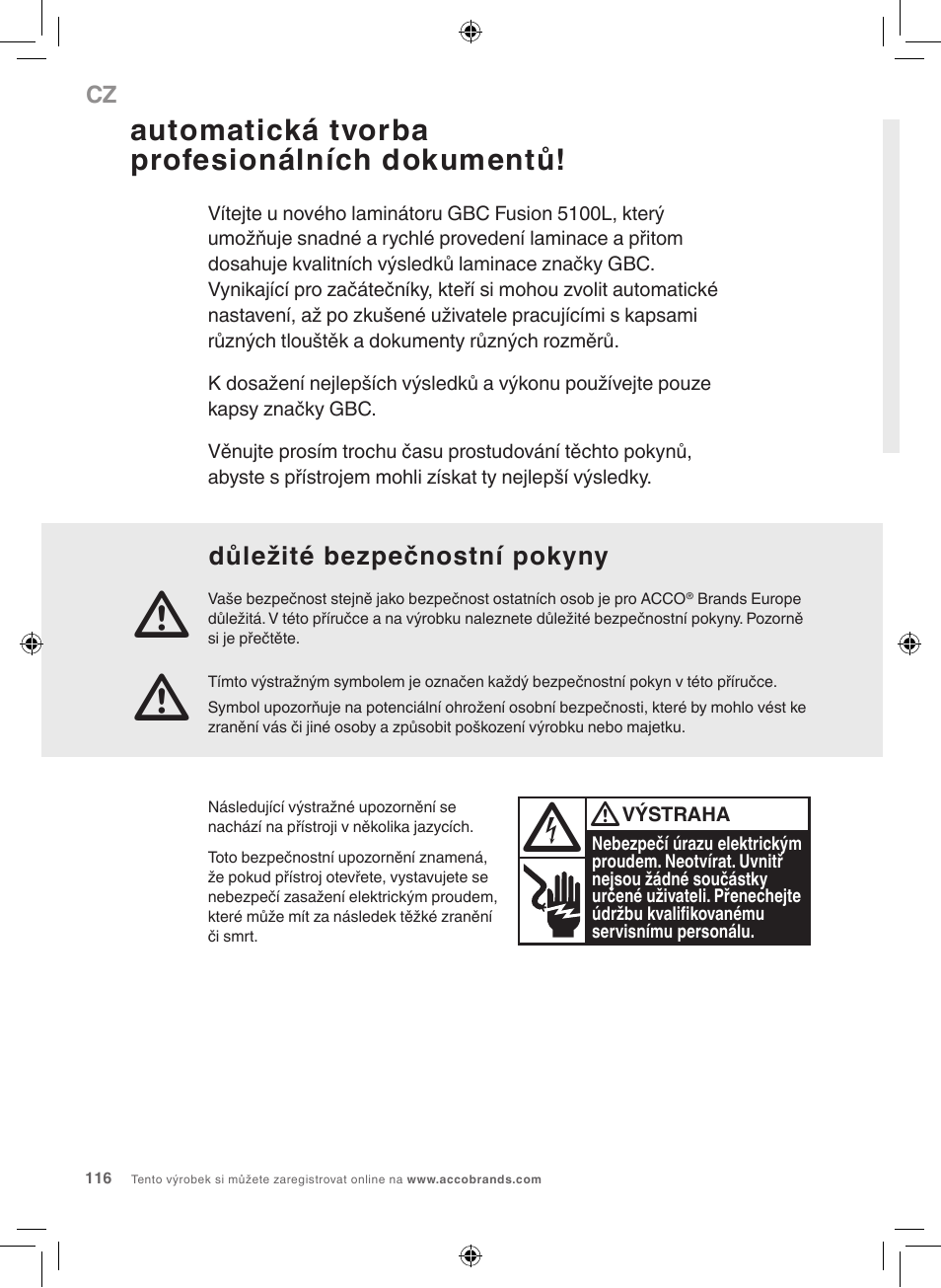 Automatická tvorba profesionálních dokumentů, Důležité bezpečnostní pokyny | GBC 5100 Fusion Laminator User Manual | Page 116 / 144