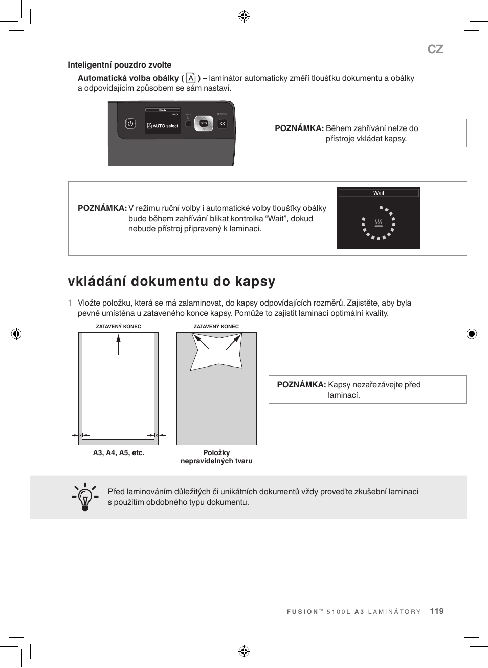 Vkládání dokumentu do kapsy | GBC 5100 Fusion Laminator User Manual | Page 119 / 144