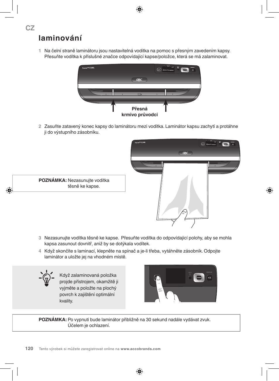 Laminování | GBC 5100 Fusion Laminator User Manual | Page 120 / 144