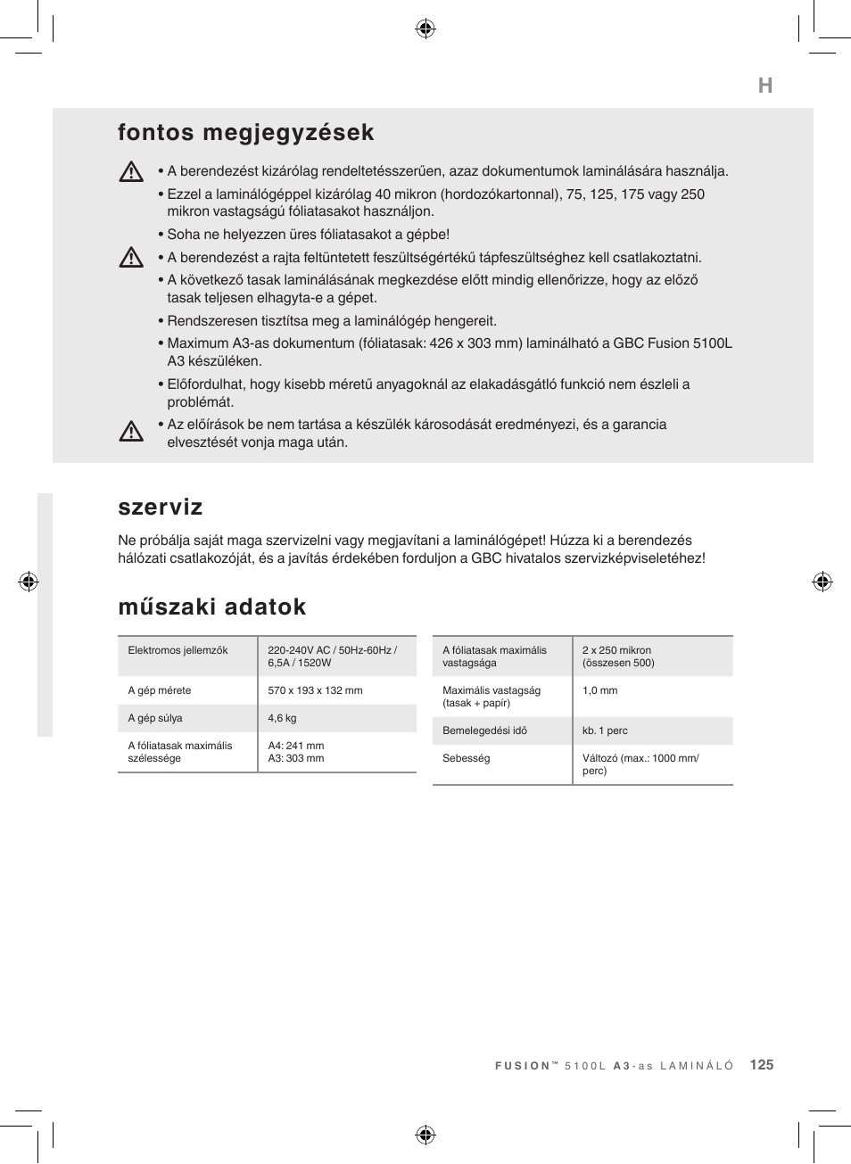 Műszaki adatok, Szerviz, Fontos megjegyzések | GBC 5100 Fusion Laminator User Manual | Page 125 / 144