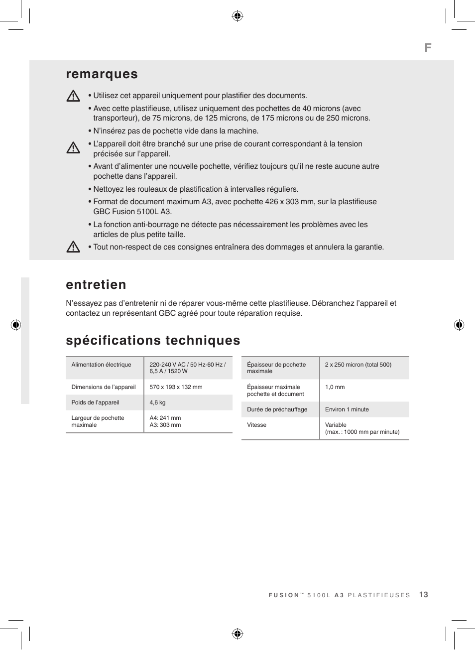 Spécifications techniques, Entretien, Remarques | GBC 5100 Fusion Laminator User Manual | Page 13 / 144