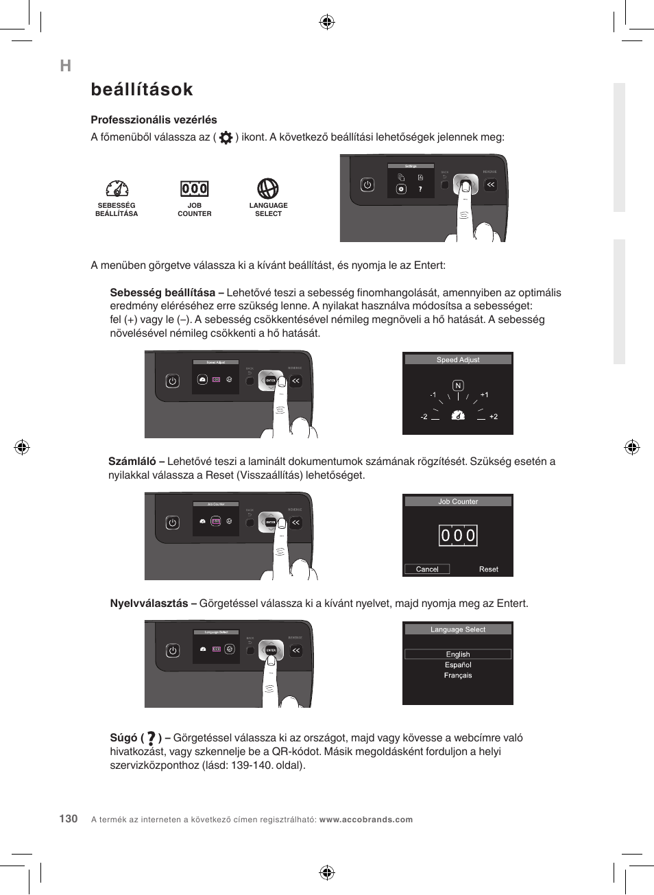 Beállítások | GBC 5100 Fusion Laminator User Manual | Page 130 / 144