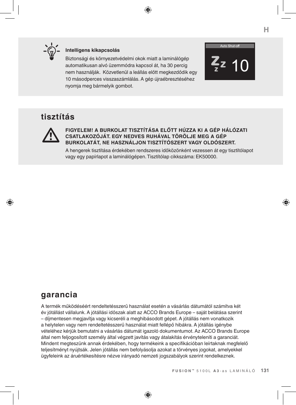 Tisztítás, Garancia | GBC 5100 Fusion Laminator User Manual | Page 131 / 144