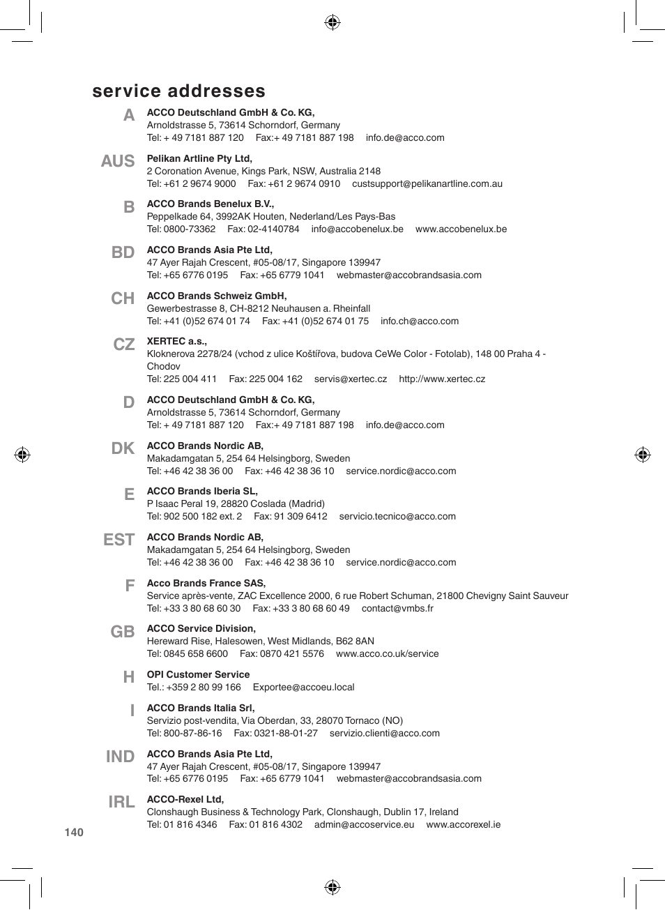 Service addresses | GBC 5100 Fusion Laminator User Manual | Page 140 / 144