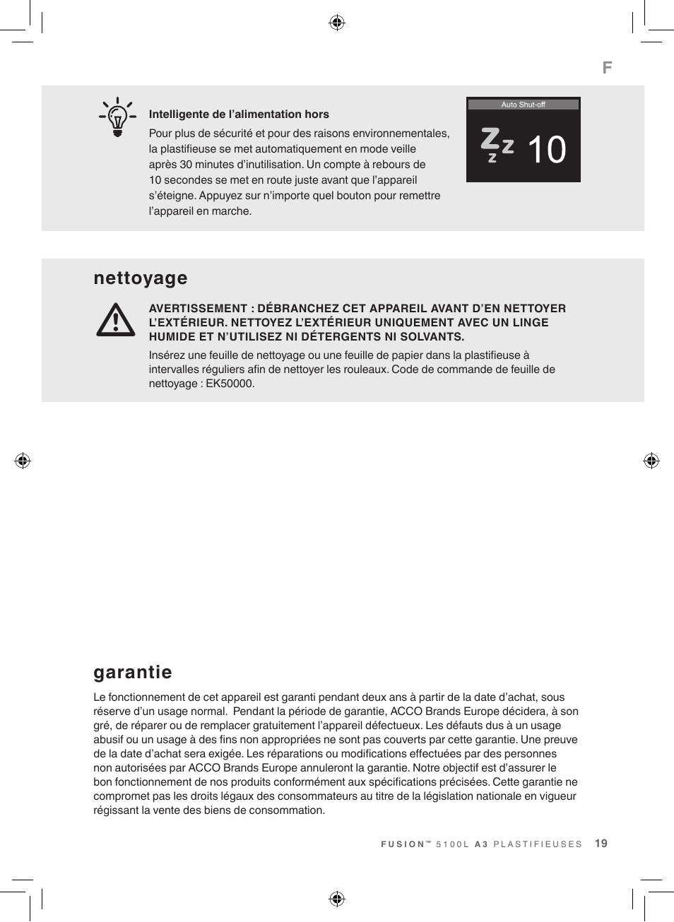 Nettoyage, Garantie | GBC 5100 Fusion Laminator User Manual | Page 19 / 144