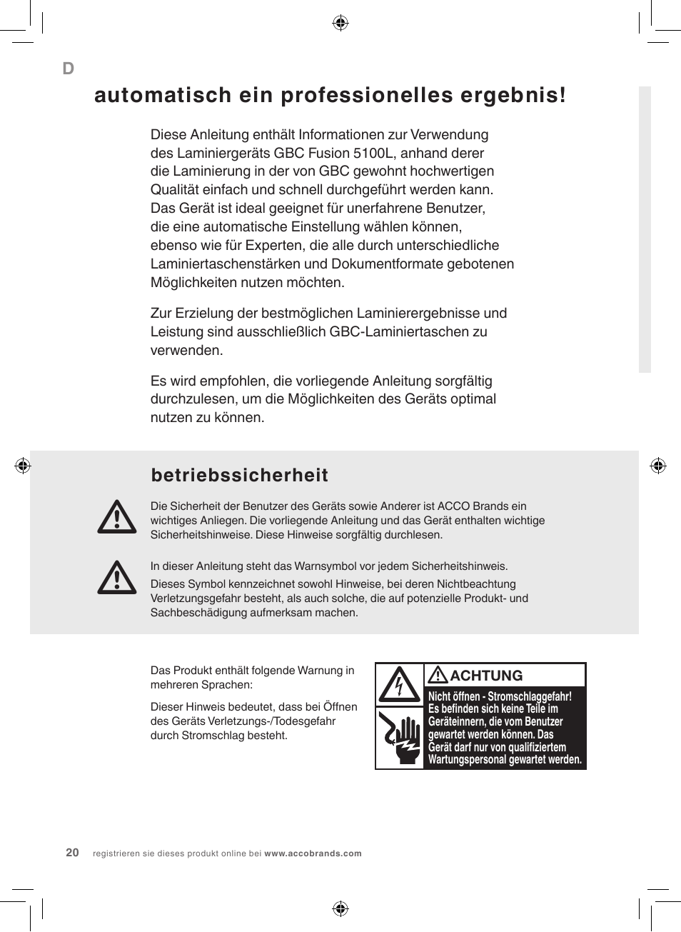 Automatisch ein professionelles ergebnis, Betriebssicherheit | GBC 5100 Fusion Laminator User Manual | Page 20 / 144