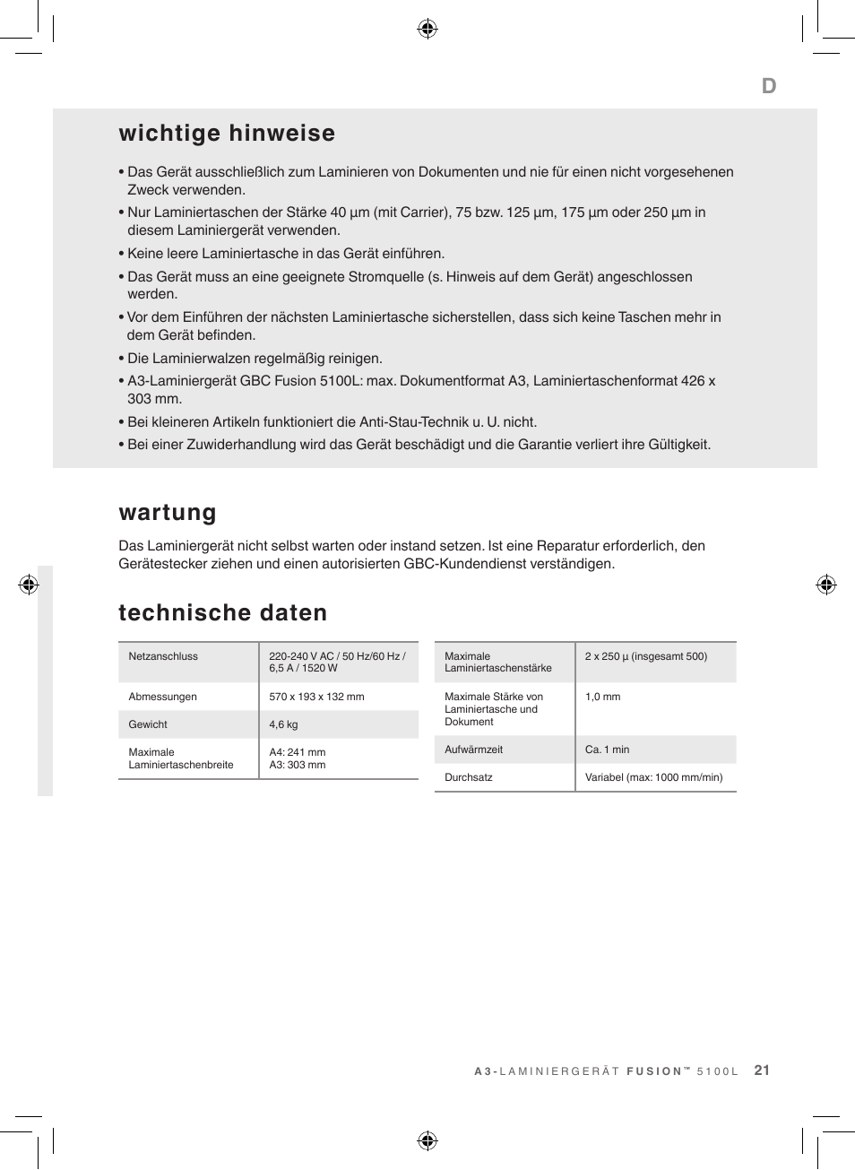 Technische daten wartung, Wichtige hinweise | GBC 5100 Fusion Laminator User Manual | Page 21 / 144