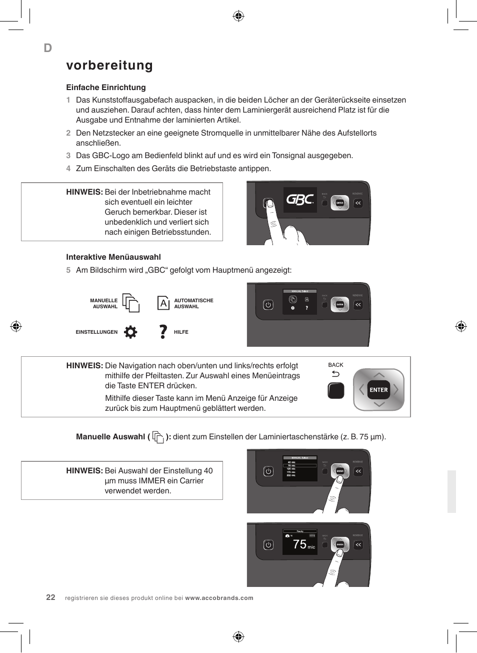 Vorbereitung | GBC 5100 Fusion Laminator User Manual | Page 22 / 144